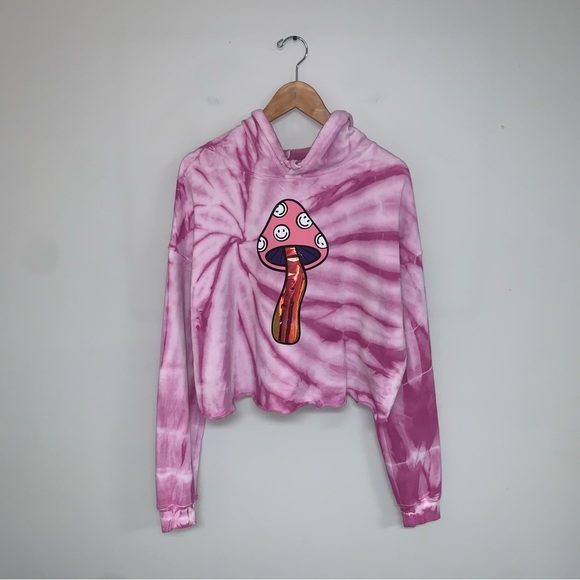 Reworked Cropped Hoodie Size  Large Pink Tie-Dye Psychedelic Groovy Sweater - Picture 2 of 7